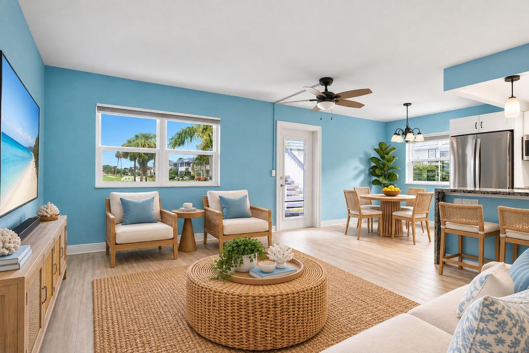 STAGED living room with golf views