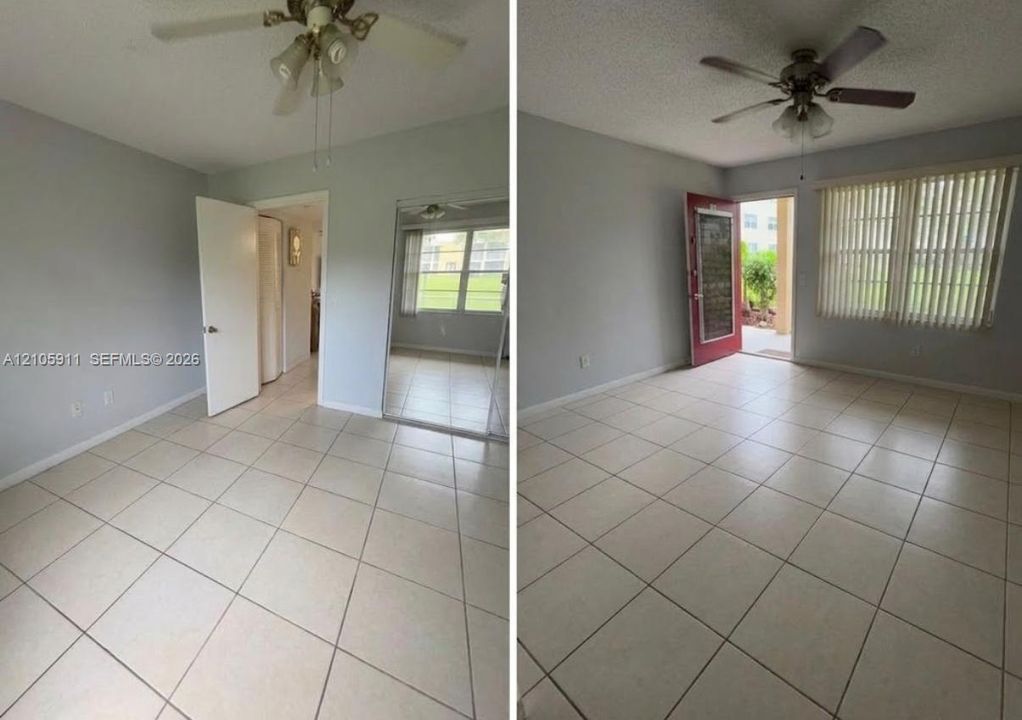 Interior space featuring ceramic tile flooring, ceiling fans with integrated lighting, mirrored sliding closet doors, and windows equipped with horizontal blinds