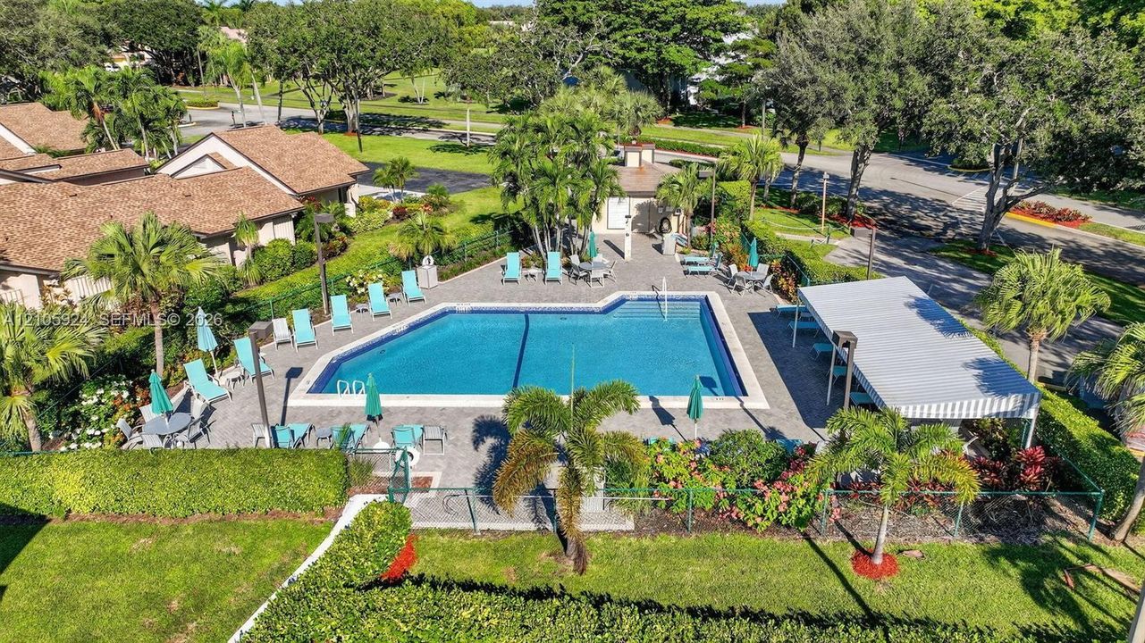 Community pool featuring a concrete deck, built-in metal pergola, perimeter landscaping, and mature palm trees