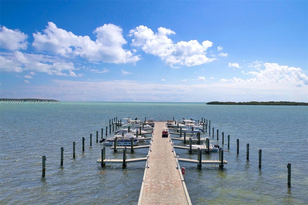 Private deep-water dock featuring multiple slips, paver surface, and structural pilings extending into the open bay
