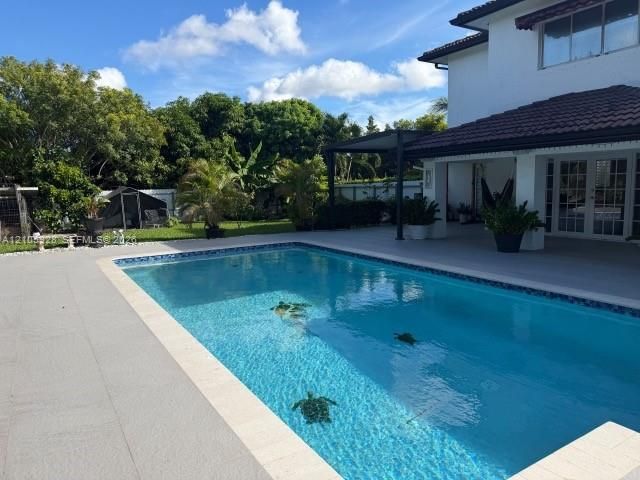 In-ground swimming pool with tile accents, covered patio, stone-finish decking, and mature landscaping