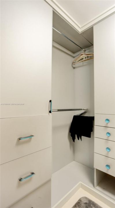Built-in cabinetry featuring matte white finish, integrated hanging rods, and drawers with metal hardware