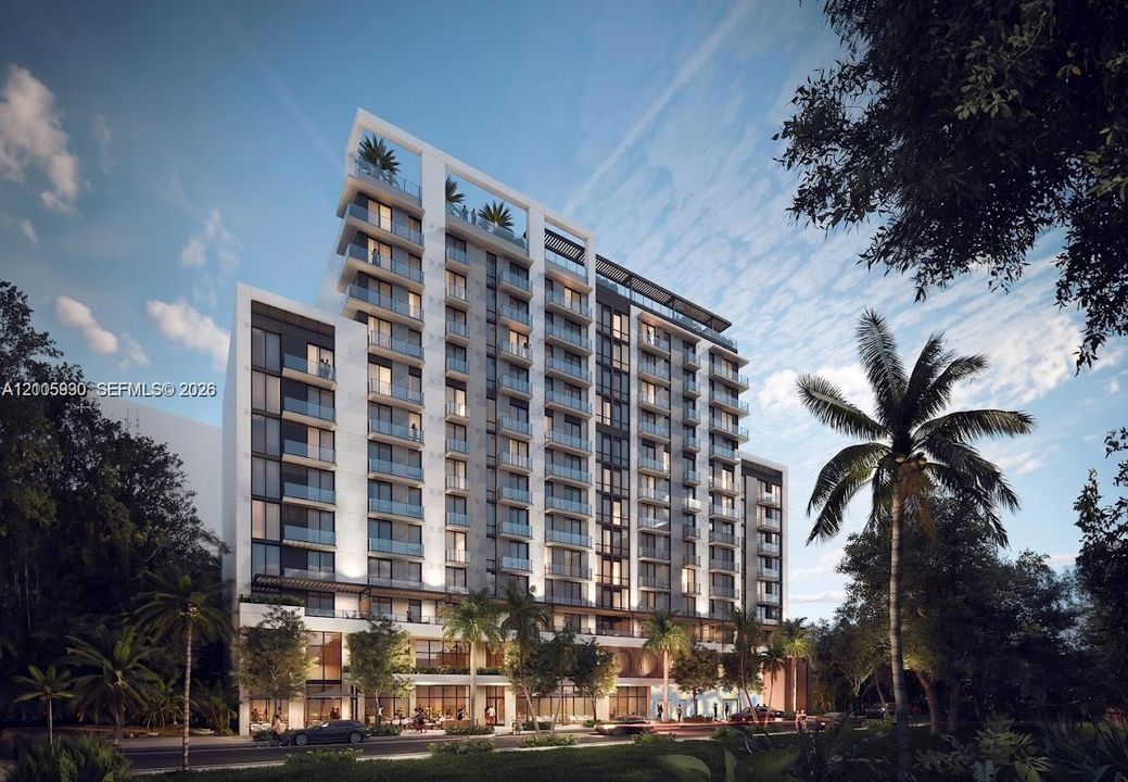 Multi-story modern high-rise featuring a glass and concrete facade, tiered private balconies, floor-to-ceiling windows, and a rooftop terrace level