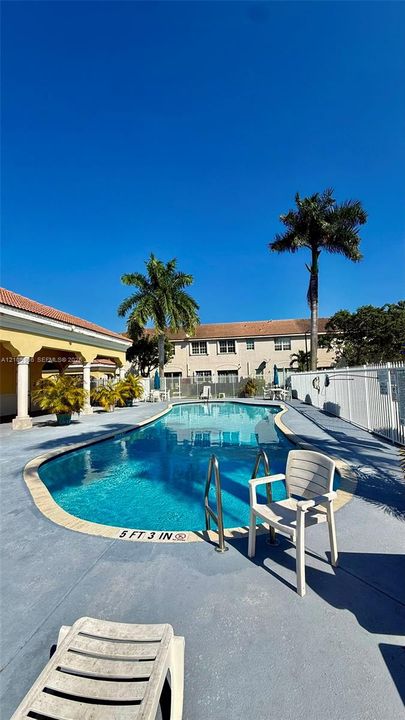 In-ground swimming pool with a concrete deck, metal perimeter fencing, and mature palm trees