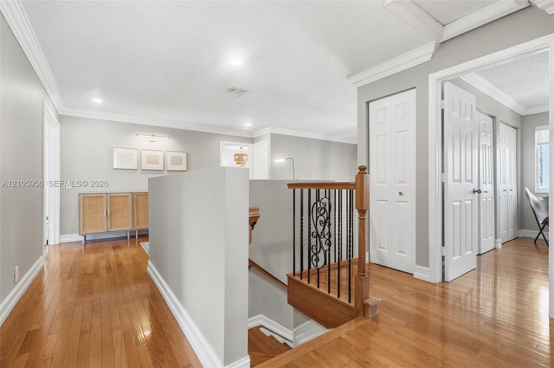 Wood-finish flooring, decorative wrought iron balusters with a wooden handrail, crown molding, and multi-panel interior doors