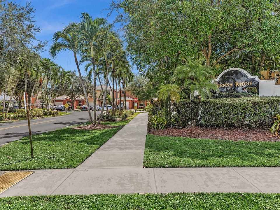 Community entrance featuring a concrete sidewalk, landscaped grounds with manicured lawns, mature palm trees, and established shrubbery