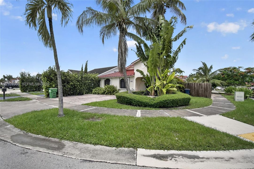 Stucco exterior featuring a terracotta-style tile roof, paved driveway, mature palm trees, and manicured shrubbery
