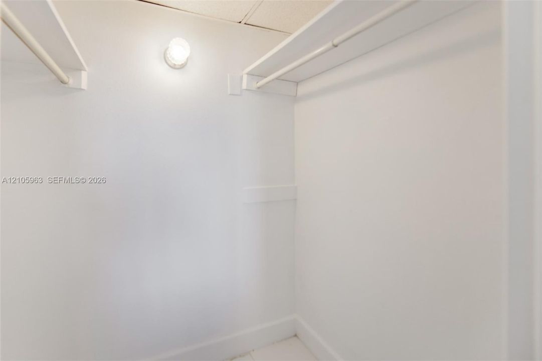 Walk-in closet featuring white walls, dual built-in shelving units, integrated hanging rods, and a ceiling-mounted light fixture