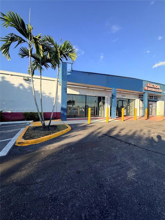 Commercial storefront exterior featuring expansive glass windows, paved asphalt parking, and a manicured palm tree planter