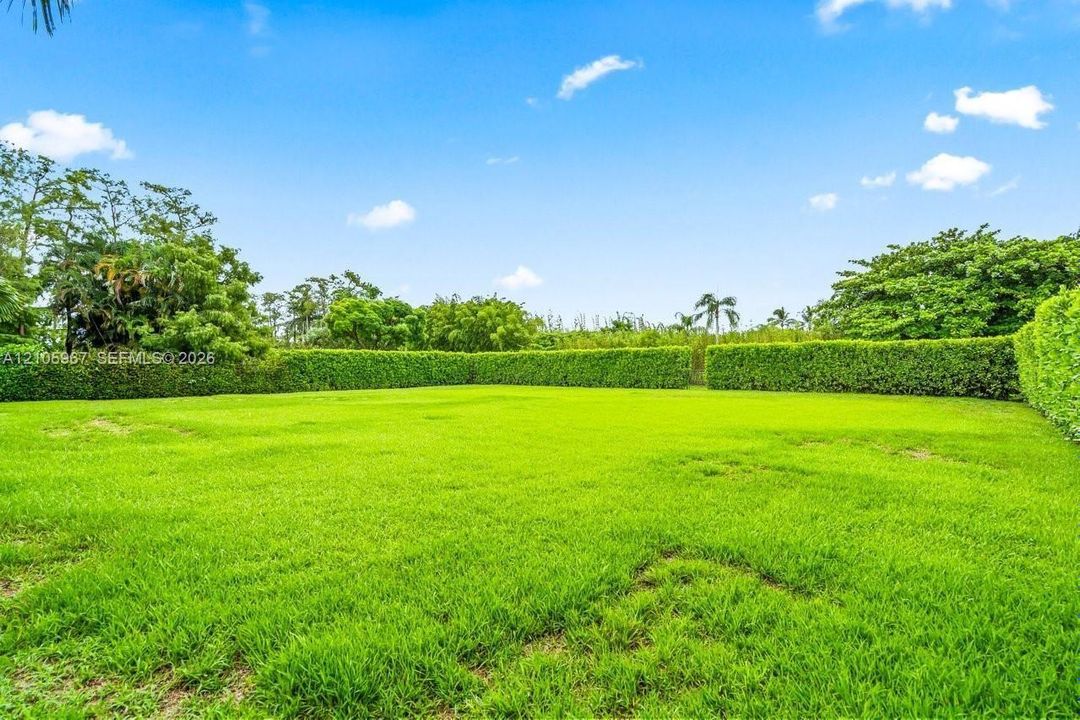 Expansive level lawn enclosed by mature perimeter hedging and surrounding tropical foliage