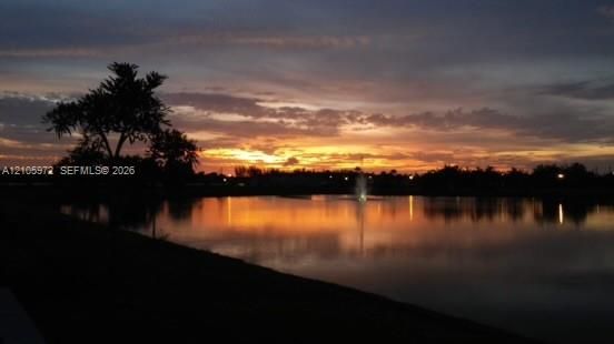 Waterfront property featuring a lake, active fountain, and mature tree silhouettes set against a sunset backdrop
