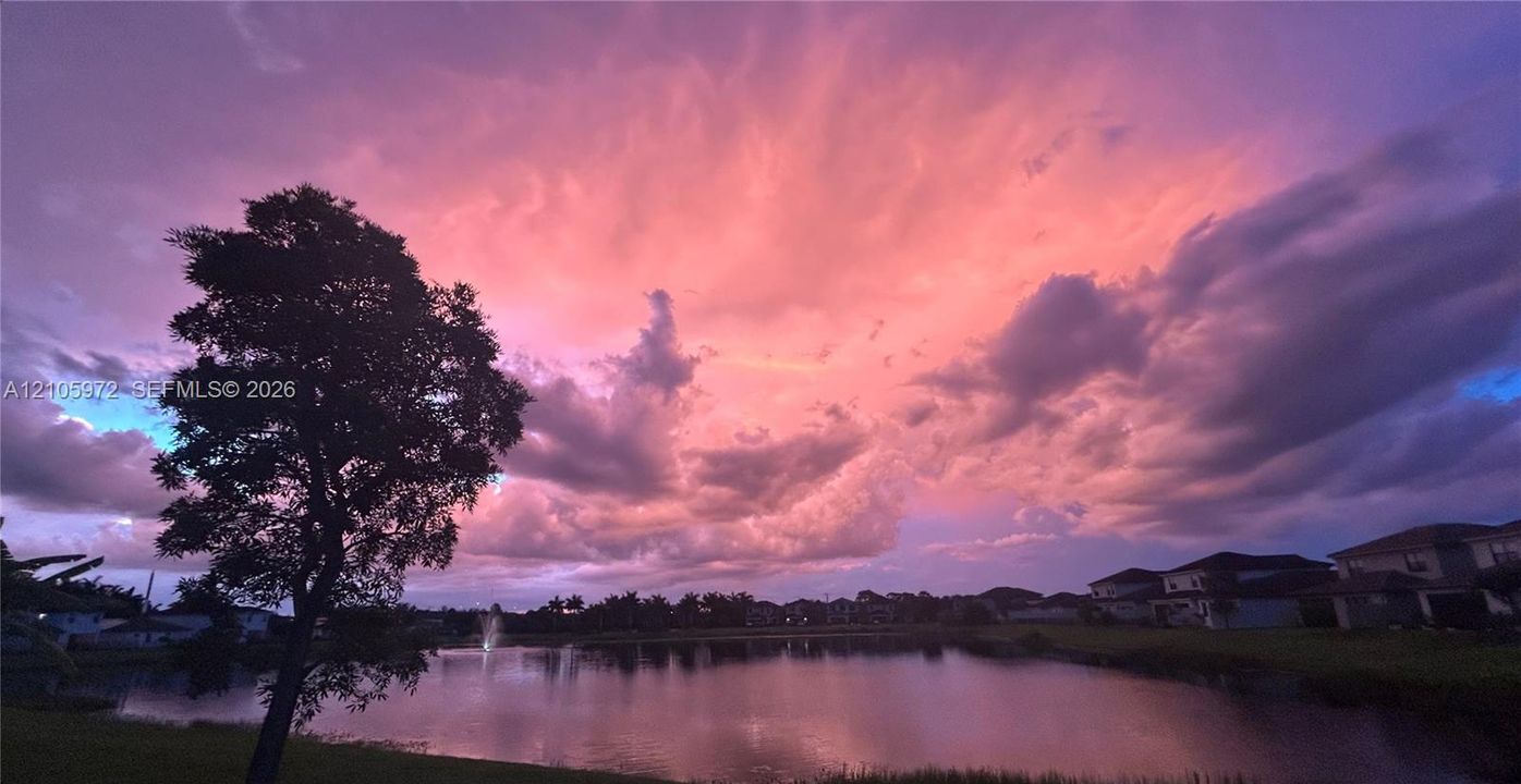 Waterfront pond featuring fountain aerators and a silhouetted tree set against a backdrop of the sky