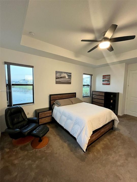 Tray ceiling with central light fixture, wall-to-wall carpeting, and dual windows