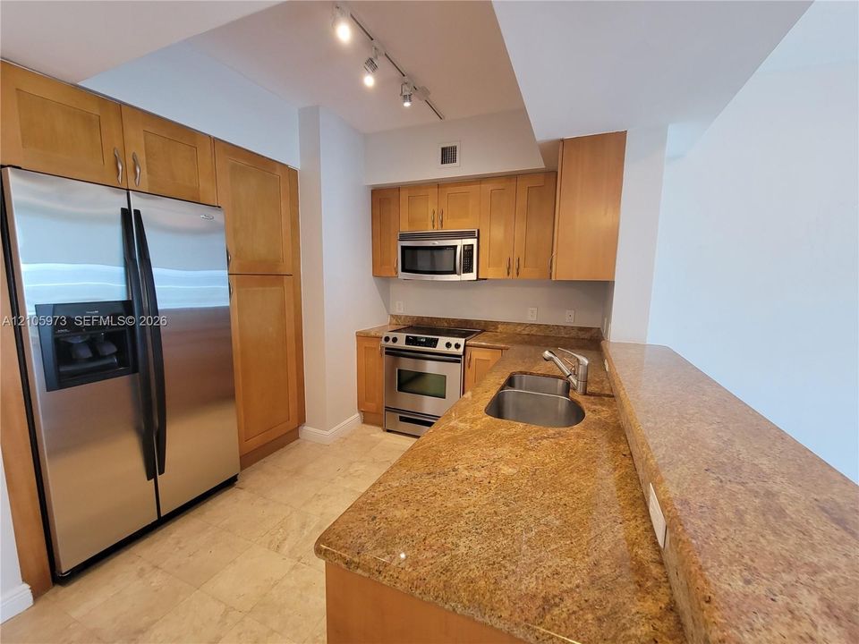 Kitchen featuring stone countertops, wood-finish cabinetry, stainless steel appliances, a double-basin undermount sink, and track lighting