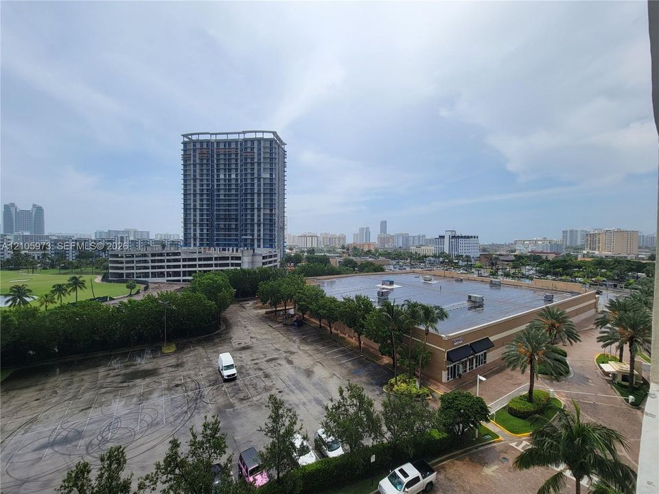 Elevated perspective featuring mature palm trees, paved parking areas, and a multi-story high-rise skyline