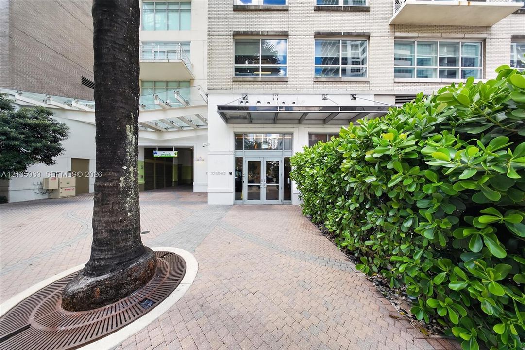 Building exterior featuring a paved brick plaza, mature perimeter shrubbery, a central palm tree with a metal grate, and a glass-paneled entrance with a metal awning