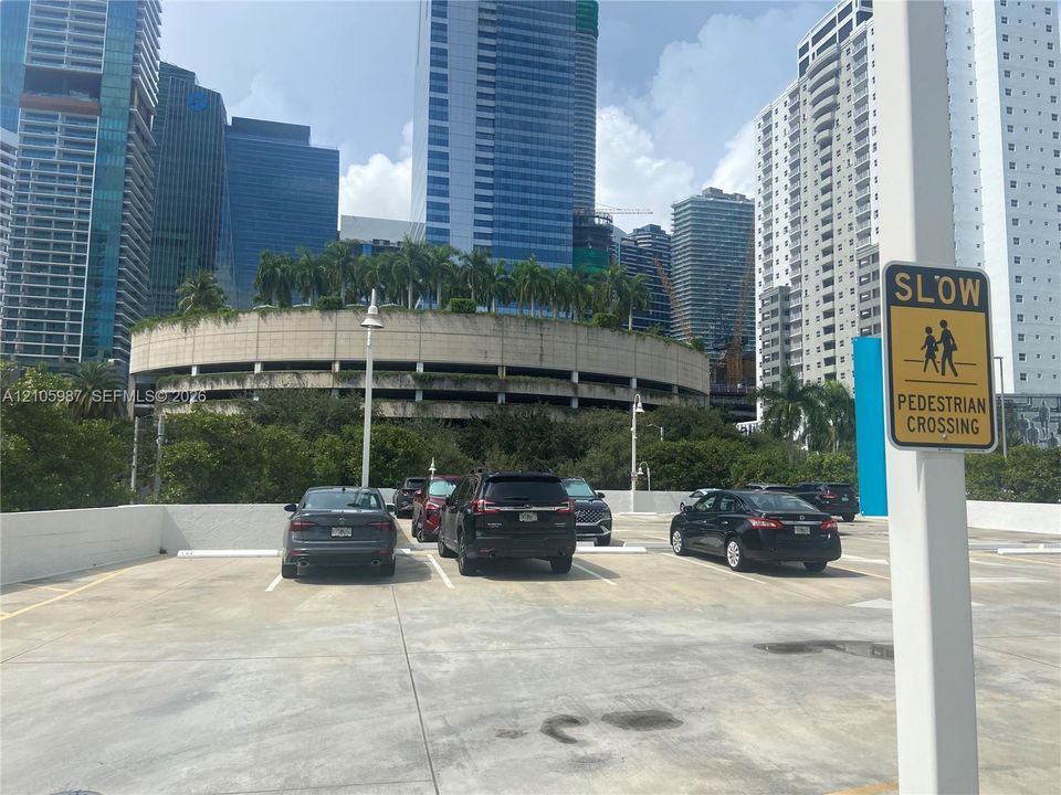Outdoor parking area featuring concrete paving, painted parking stalls, and mature landscaping