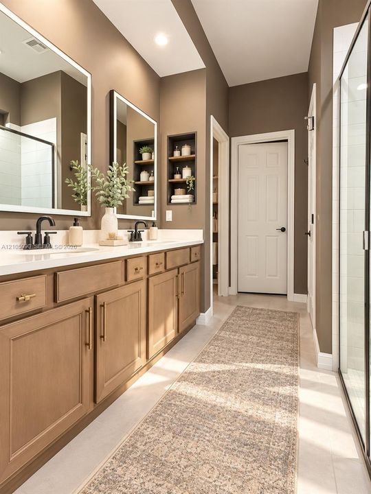 Custom dark cabinetry with Shaker-style doors, expansive white countertop workspace, and vertical shiplap backsplash