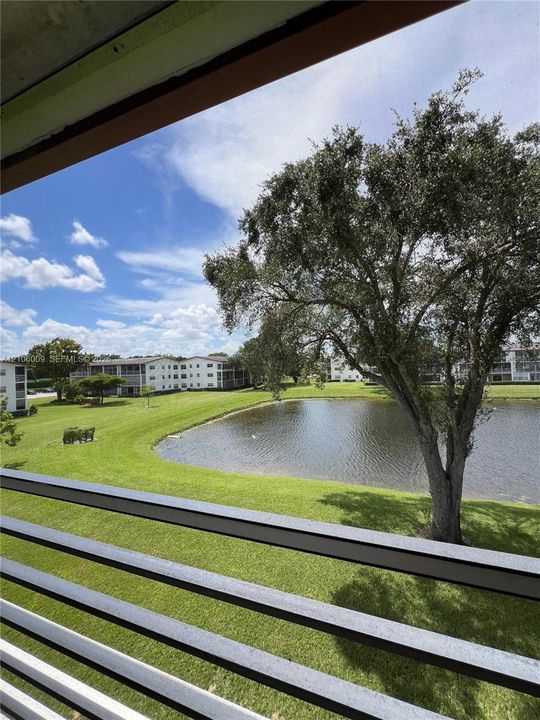 Covered balcony with a metal railing overlooking a landscaped green space featuring a pond and mature trees