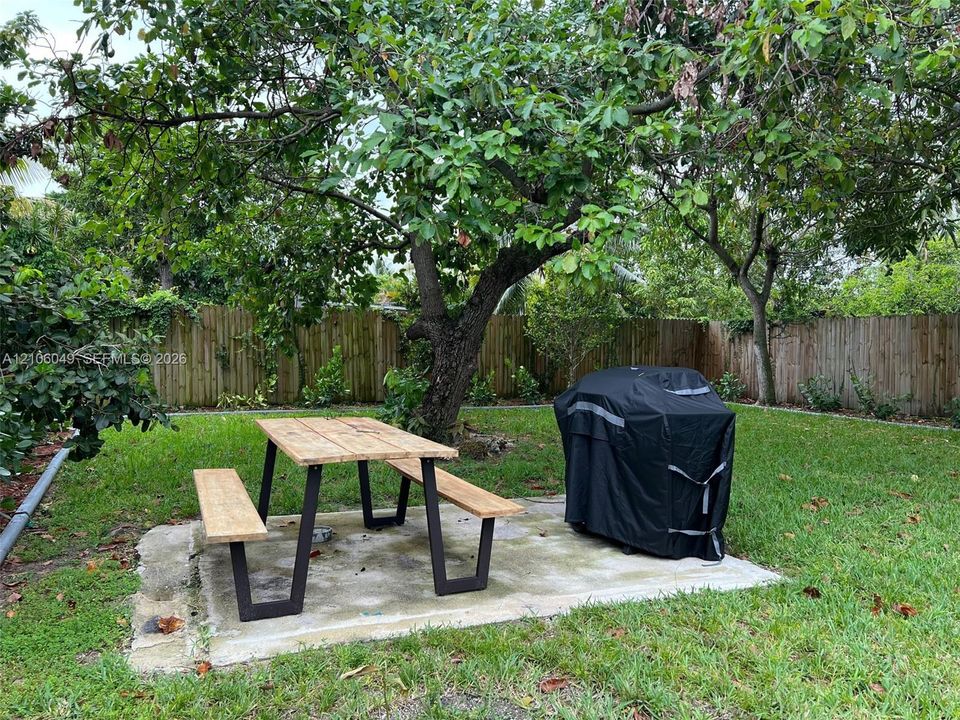 Backyard featuring a concrete patio, wood-style perimeter fencing, and mature trees