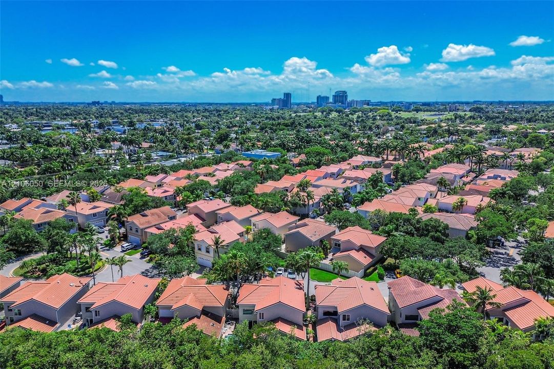 Aerial perspective of a residential community featuring tile-roofed structures, dense tree canopies, and a distant city skyline