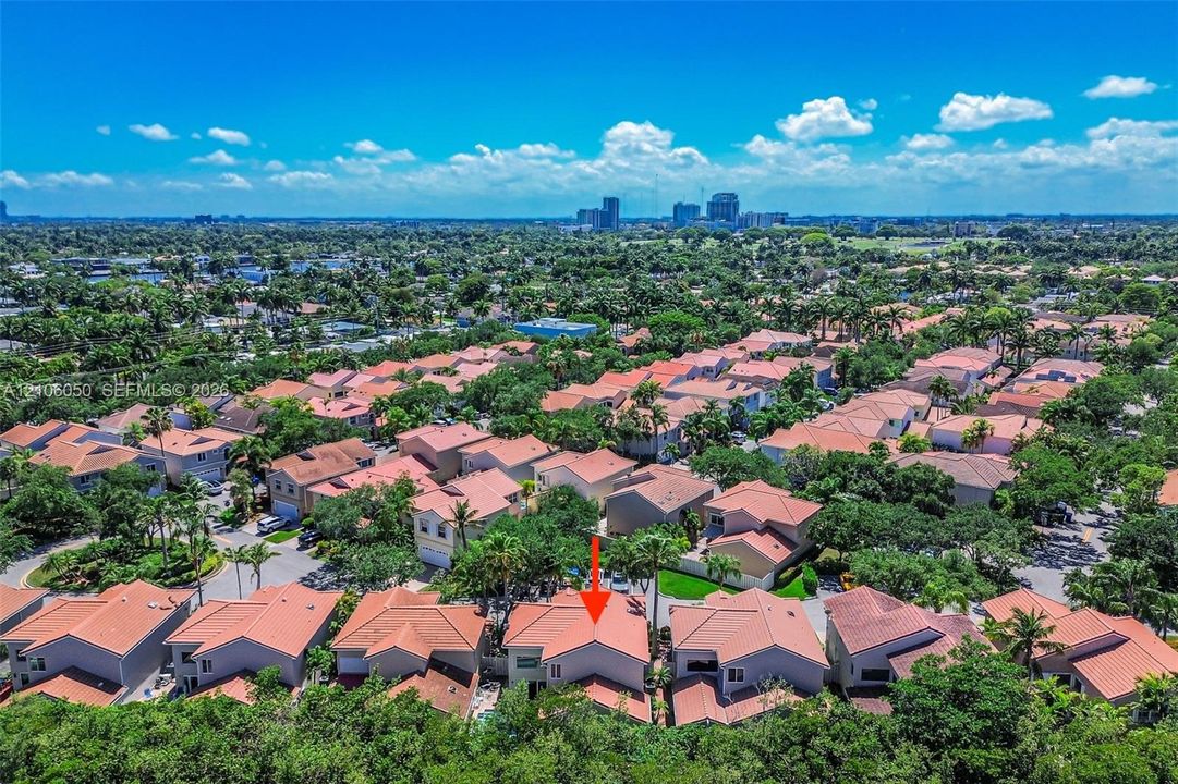 Aerial perspective featuring a residential property with a tiled roof, situated within a landscape of mature trees and urban skyline scenery