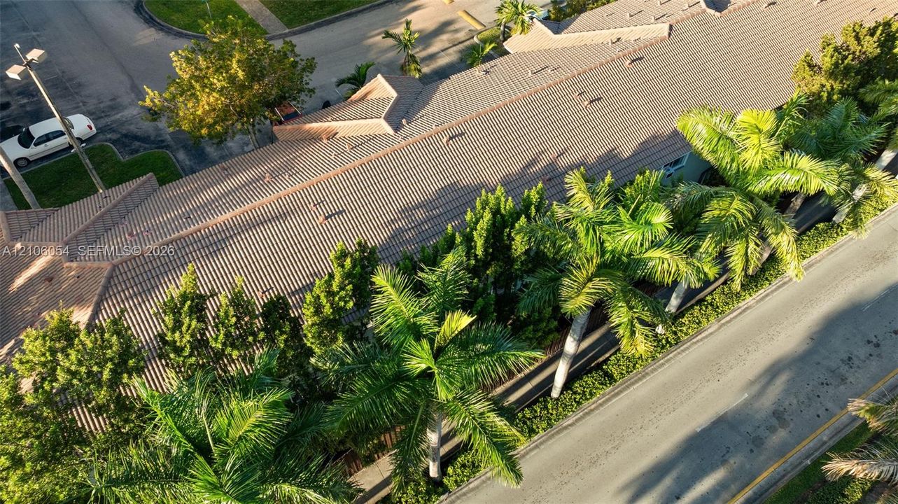 Aerial view featuring a multi-gabled tiled roof structure surrounded by mature palm trees and established landscaping