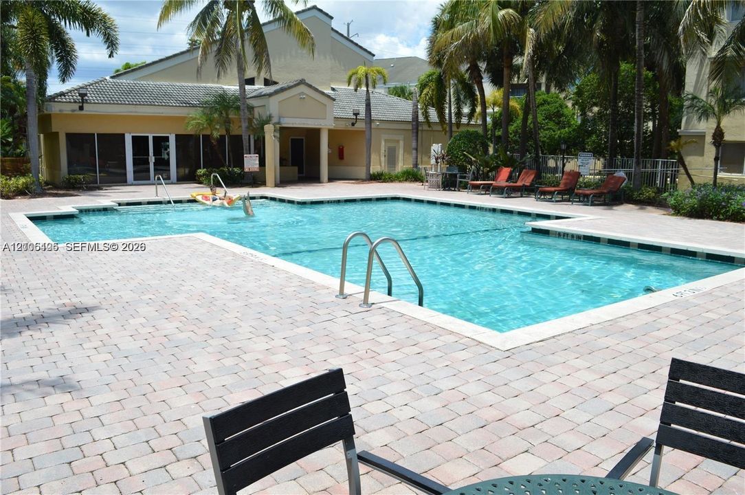 Swimming pool with brick paver decking and metal entry rails, surrounded by mature palm trees