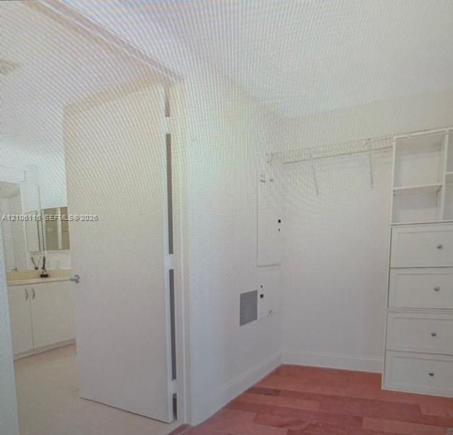 Walk-in closet featuring wood-finish flooring, built-in shelving, and a wire rack system