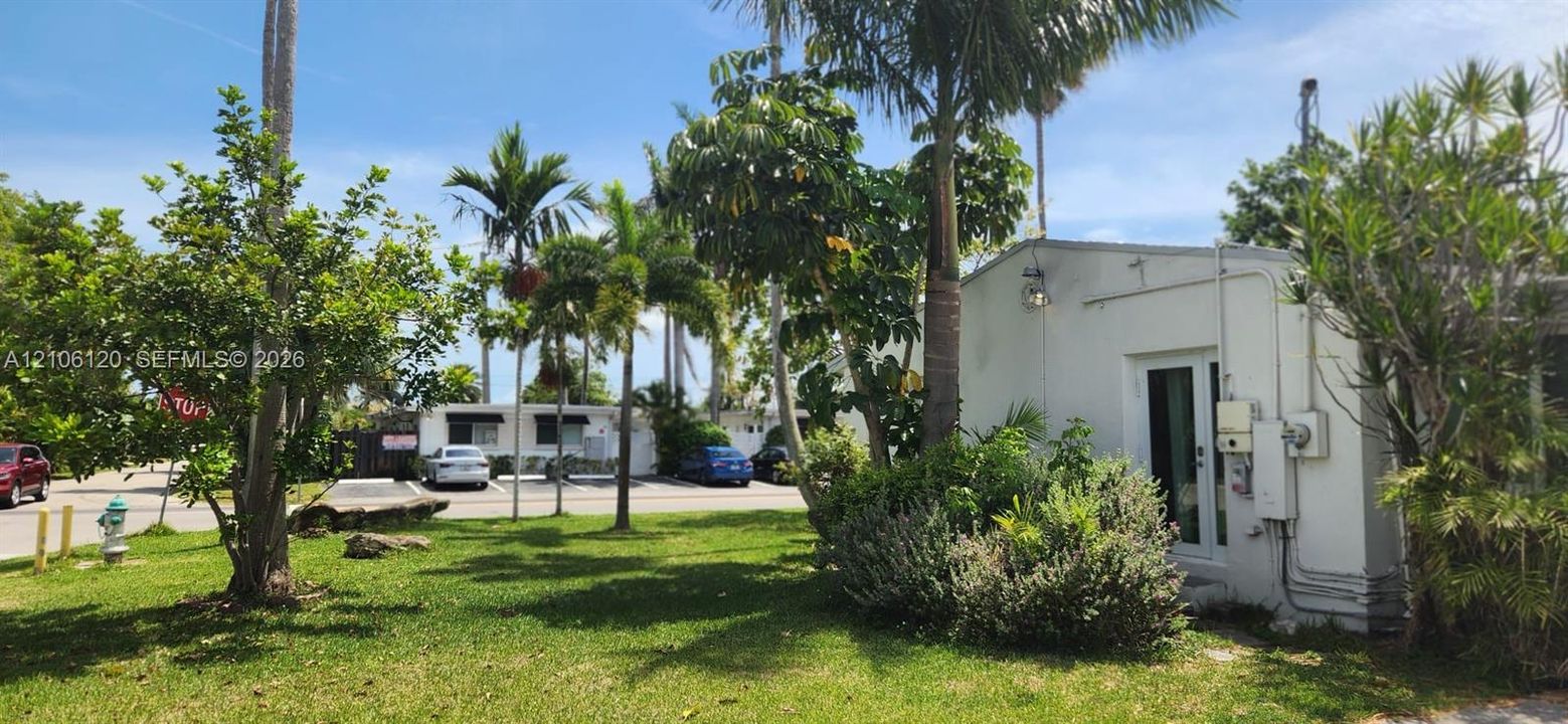 White stucco exterior, lush landscaping featuring mature palm trees, grass lawn, and glass-paneled entry door