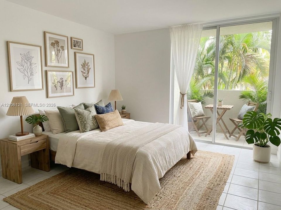 Room featuring neutral-toned tile flooring and expansive sliding glass doors opening to a private balcony