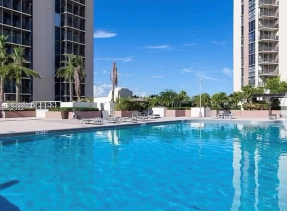 Swimming pool with paved surround, raised concrete planters, and mature palm trees