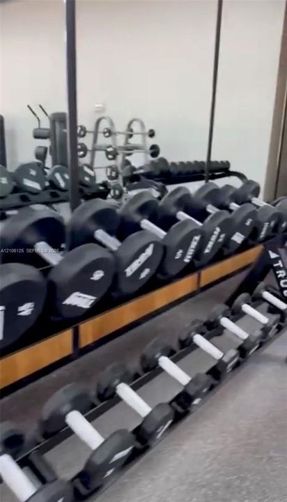 Dedicated fitness area featuring full-wall mirrors and built-in metal dumbbell racks