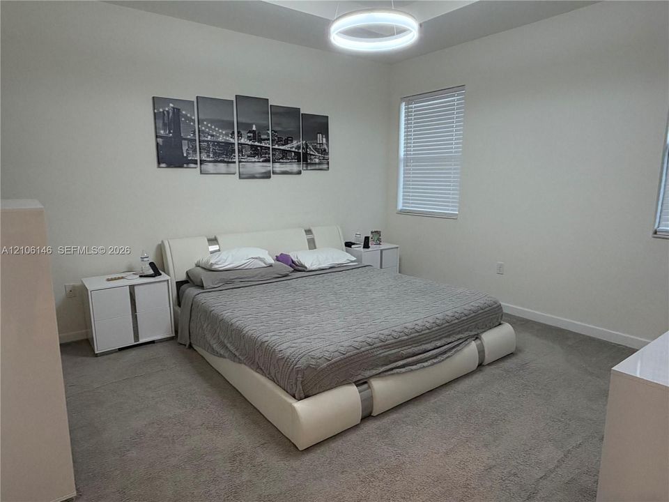 Tray ceiling featuring a contemporary circular LED light fixture, carpeted flooring, and windows with horizontal blinds