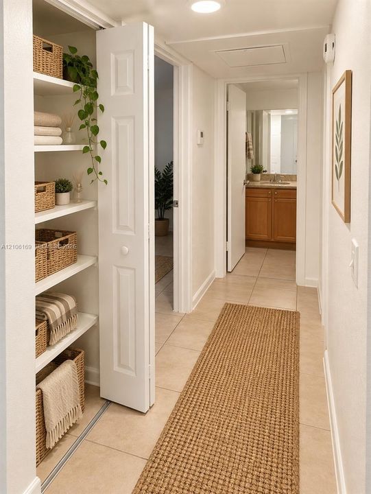 Built-in hallway storage featuring five open shelves, neutral tile flooring, and a paneled bi-fold door