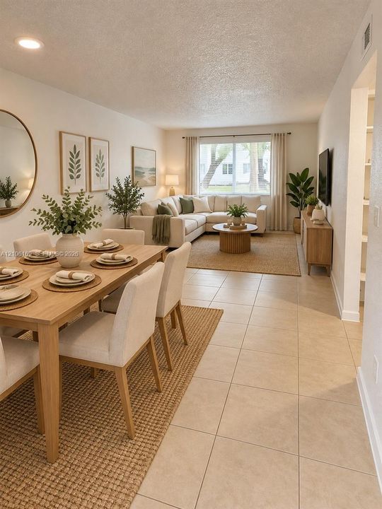 Open-concept room featuring neutral wall-to-wall ceramic tile flooring, recessed lighting, and a large window with natural light