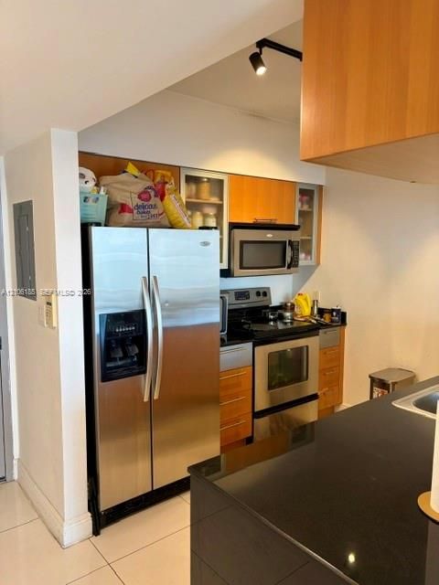Kitchen featuring stainless steel appliances, dark stone-finish countertops, wood-finish cabinetry with glass-front detailing, and track lighting