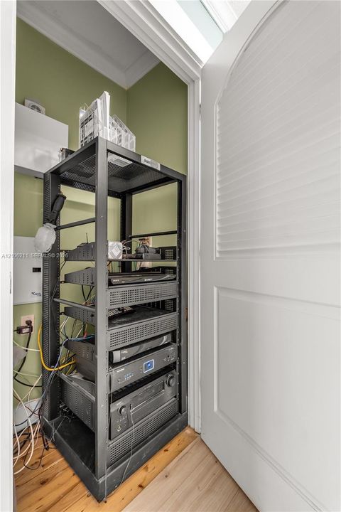 Dedicated utility closet featuring wood-finish flooring, crown molding, and an arched-top paneled door