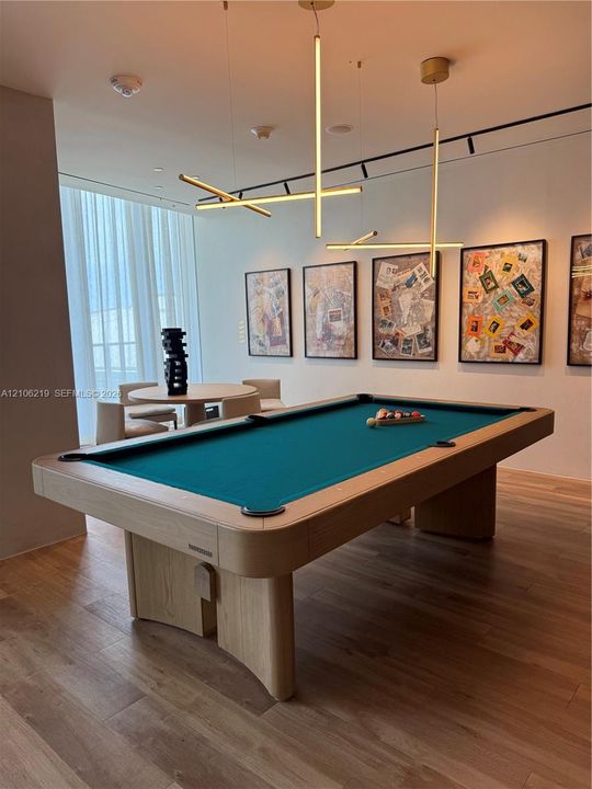 Wood-finish flooring, floor-to-ceiling sheer window treatments, and contemporary linear pendant lighting