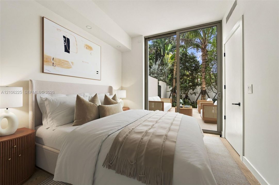 Floor-to-ceiling glass sliding door, recessed lighting, and smooth-finish walls
