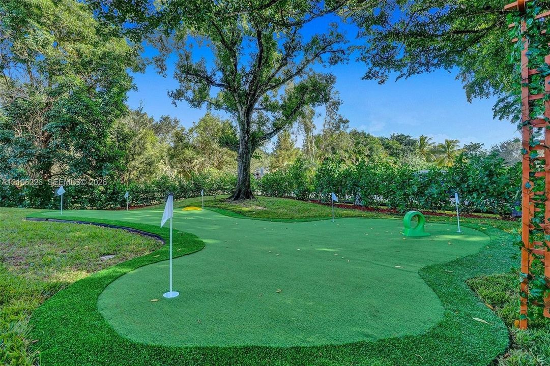 Putting green featuring synthetic turf, multiple flag pins, and mature canopy trees