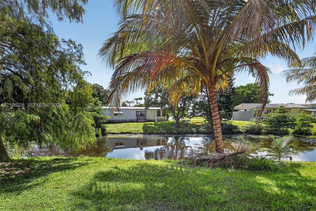Waterfront property featuring mature palms and expansive green space