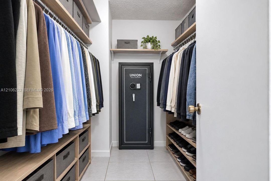 Walk-in closet featuring multi-level wooden hanging rods, integrated wooden shelving, built-in lower drawers, and tile flooring