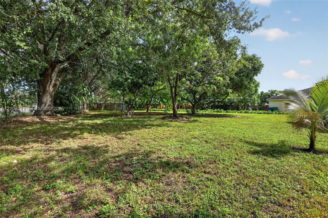 Expansive backyard featuring mature shade trees, established landscaping, and a perimeter fence