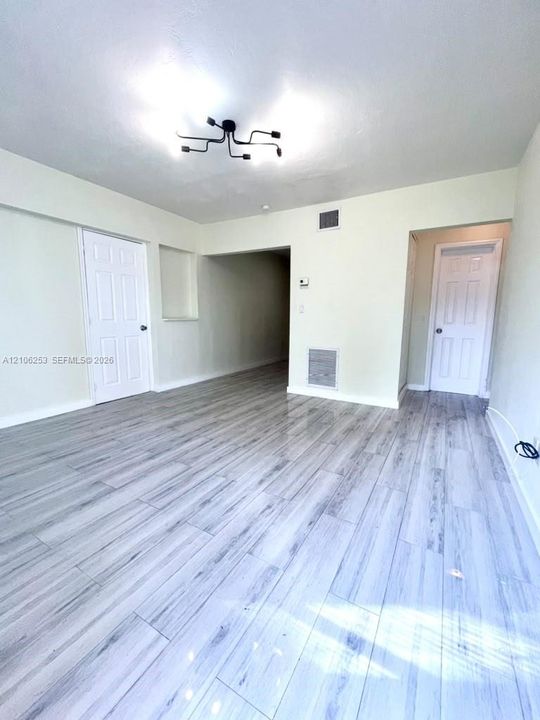 Room featuring porcelin wood-finish flooring, a multi-arm geometric ceiling fixture, two six-panel doors, and a built-in recessed niche