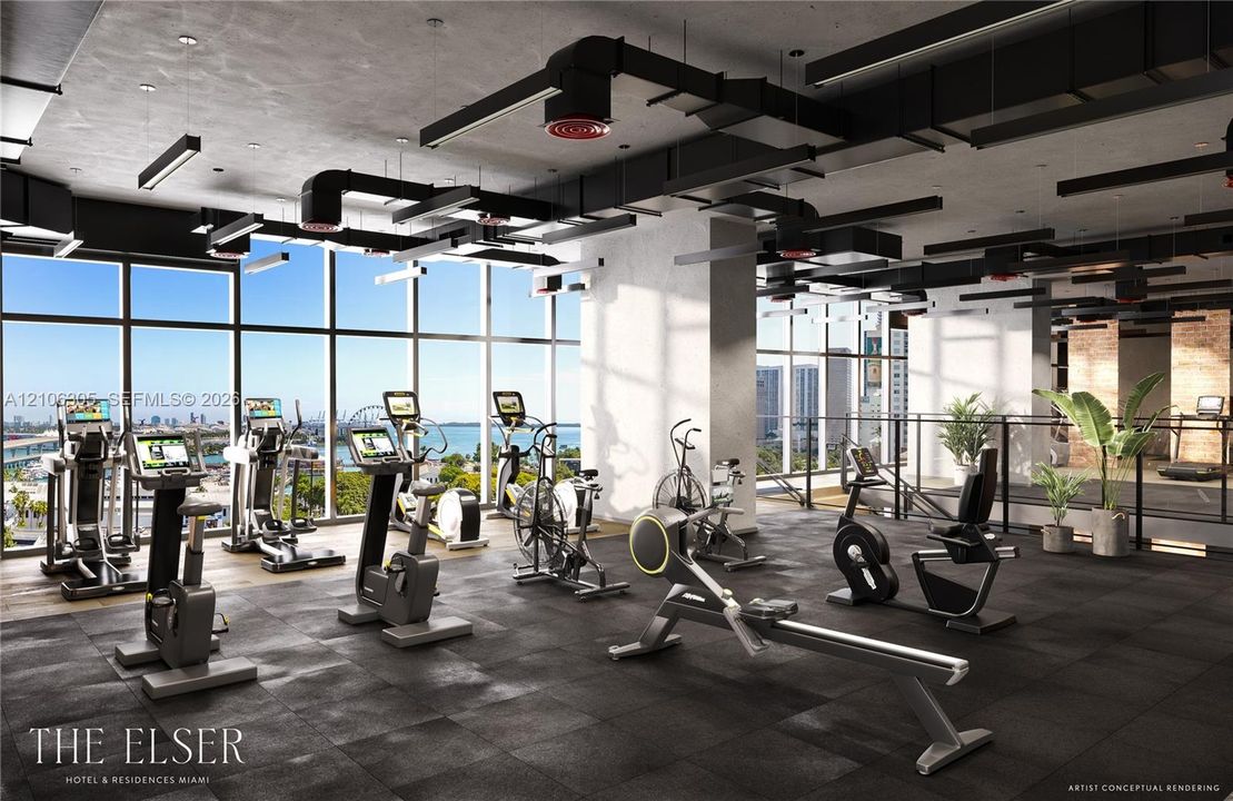 Fitness center featuring floor-to-ceiling windows, exposed ductwork, concrete ceilings, and rubberized flooring