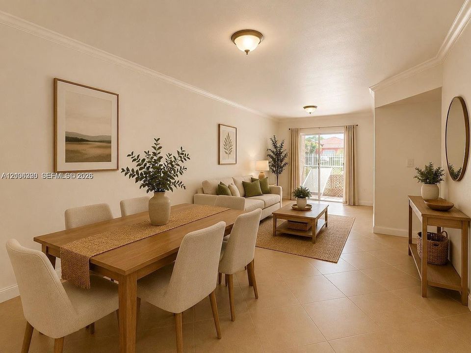 Neutral-toned tile flooring, flush-mount ceiling lighting, crown molding, and a sliding glass door providing external access