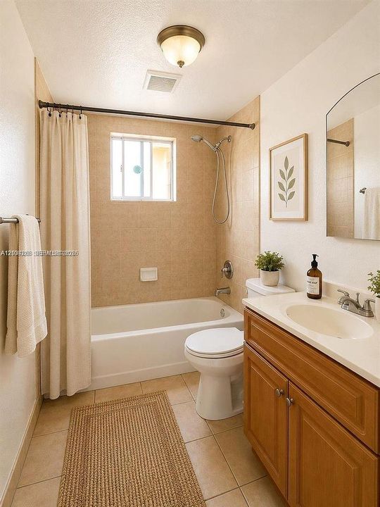 Full bathroom featuring a wood-finish vanity with a light-tone countertop, an integrated sink, a combination shower and soaking tub with tiled surround, and a brushed-metal finish faucet