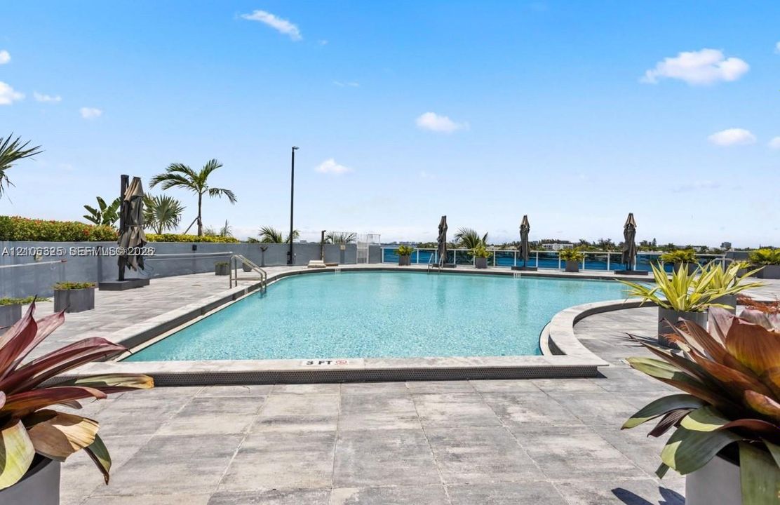 Swimming pool featuring stone-paver decking, perimeter landscaping, and a glass balustrade