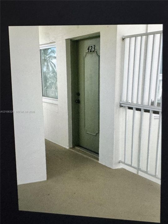Entryway featuring a solid-panel door with recessed detailing, a metal-framed window, and a metal safety railing